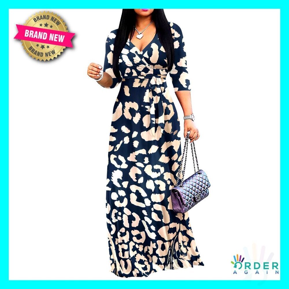 Plus Size Maxi Dress Casual Summer V Neck 3/4 Sleeve Wrap Sundress with Pockets